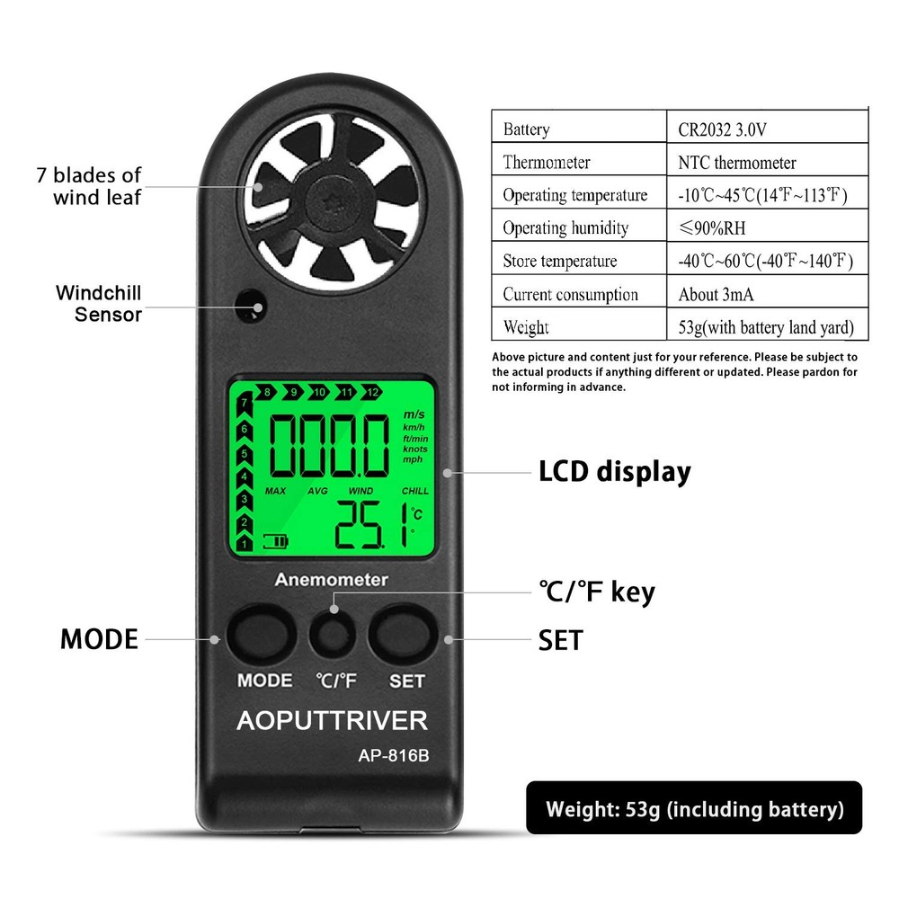 Anemometer Handheld Wind Speed Meter for Measuring 816B Pocket