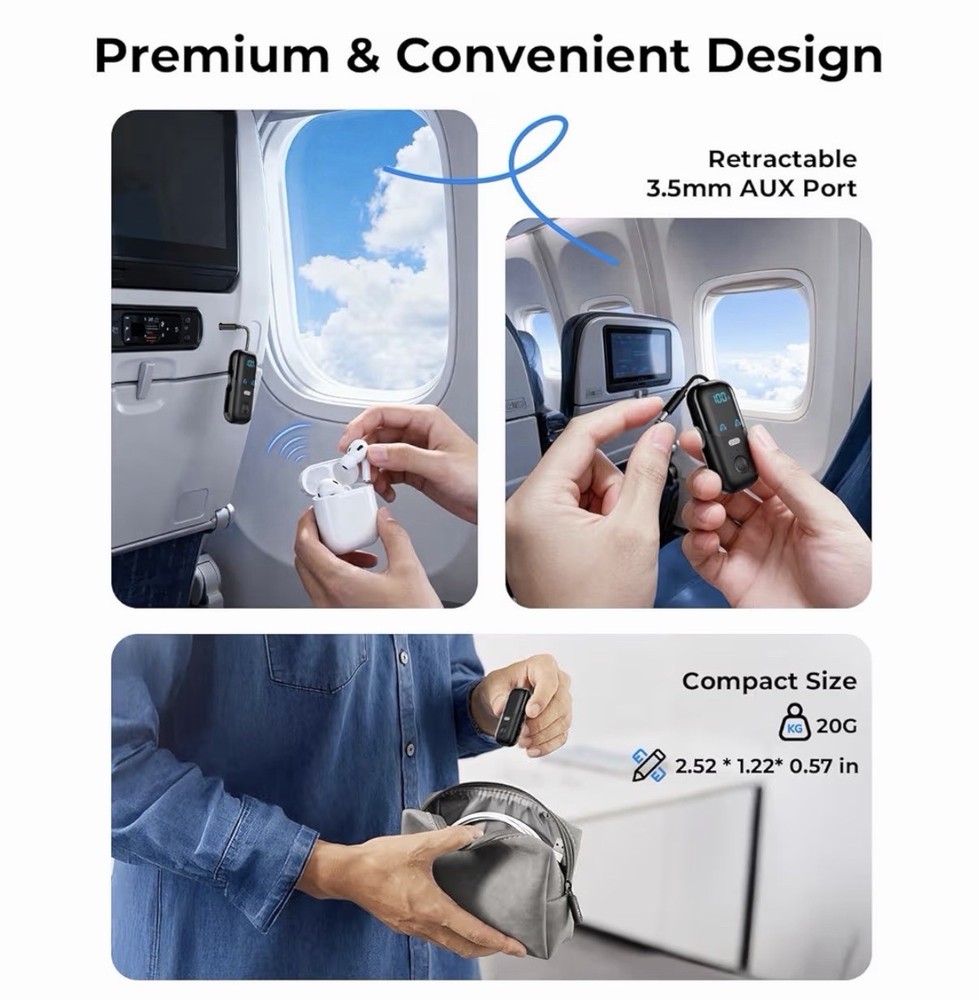 Bluetooth 5.4 Dual Pairing Transmitter, Retractable AUX, Fast Charging, Black