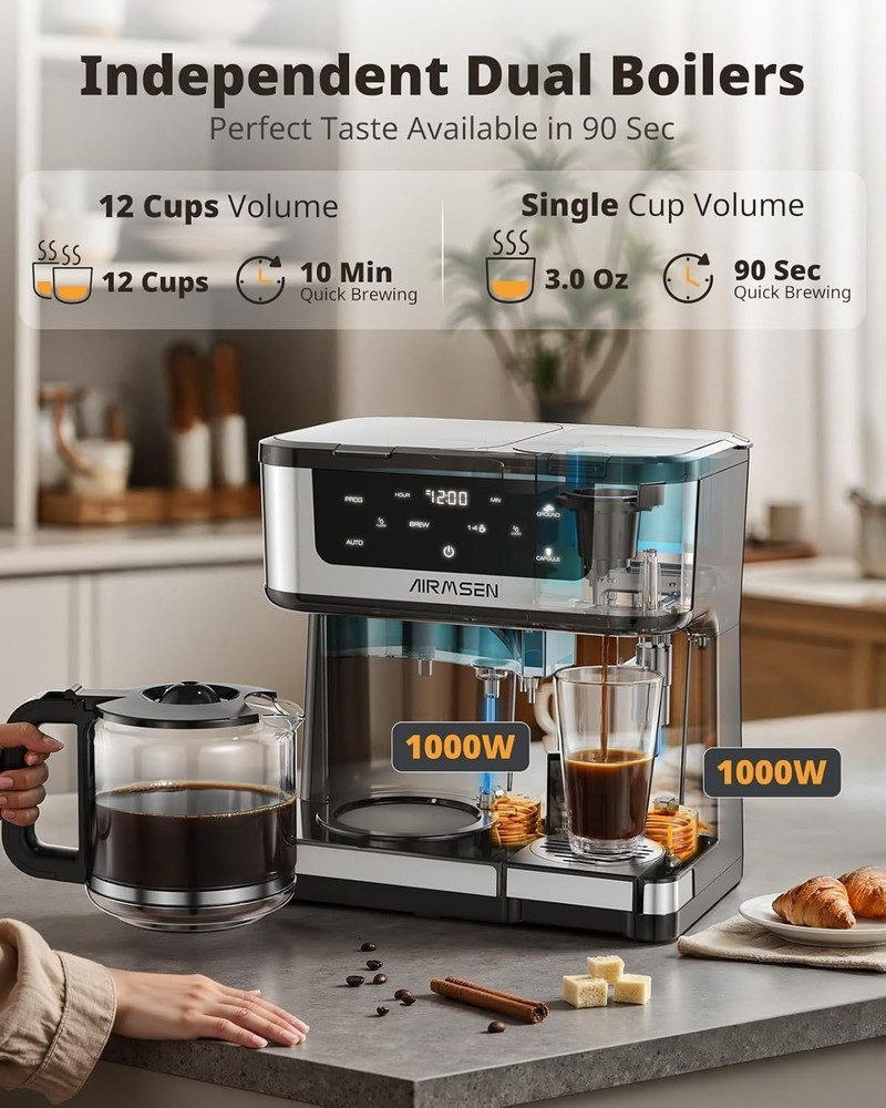 12-Cup Programmable Dual Coffee Maker – Single Serve Machine for K-Cup Pods &...