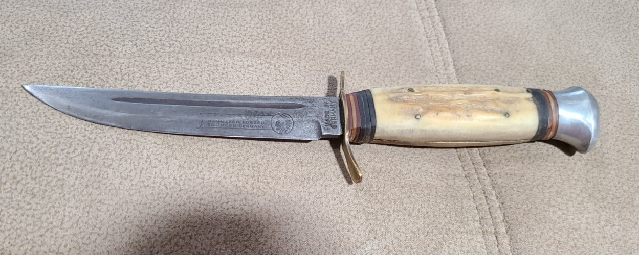 Mohawk Hammer Forged Stag Handle Fixed Blade Knife Germany Elk Embossed Sheath