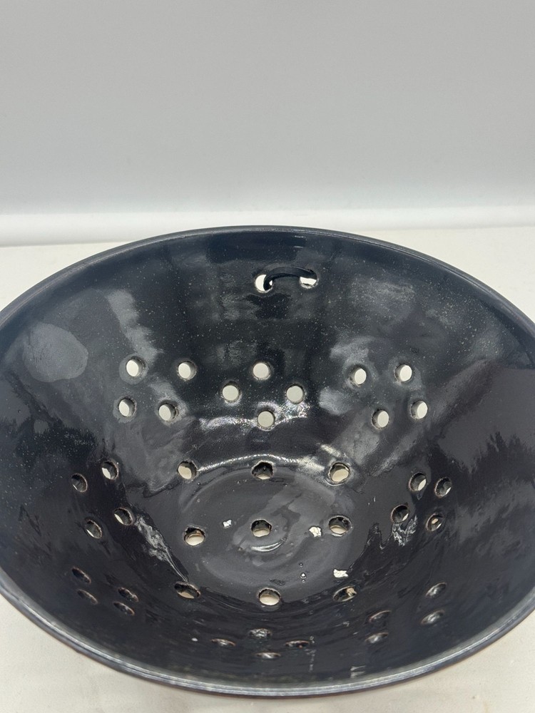 Studio Art Pottery Berry Strainer Colander Black Speckled Signed