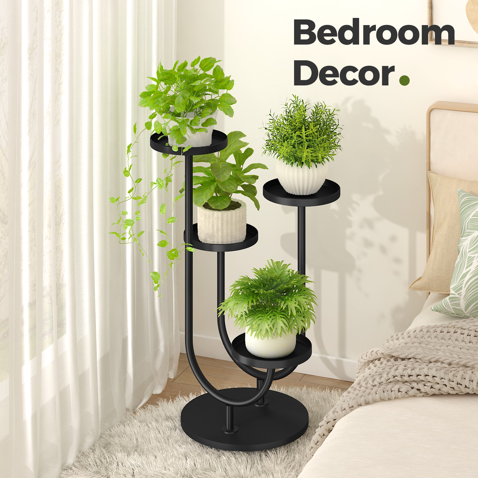 Bamworld Plant Stand Indoor Modern Corner Plants Shelf Display 4 Pots Black