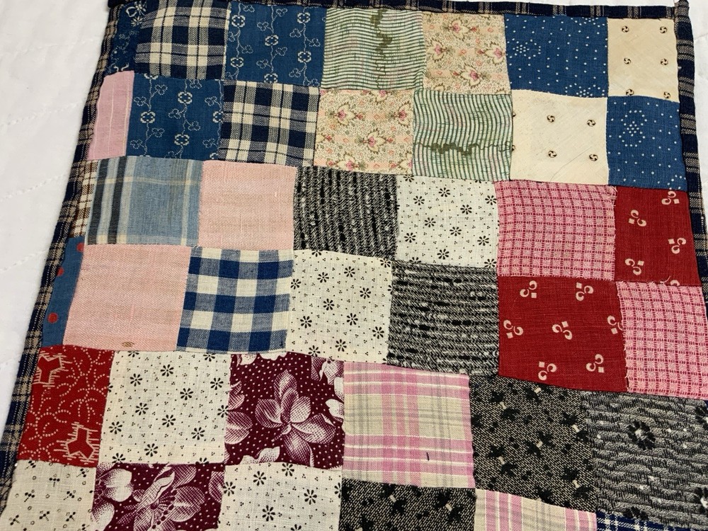 Antique Patchwork Quilt Table Topper, Rectangle, Four Patch, Early Calico Prints