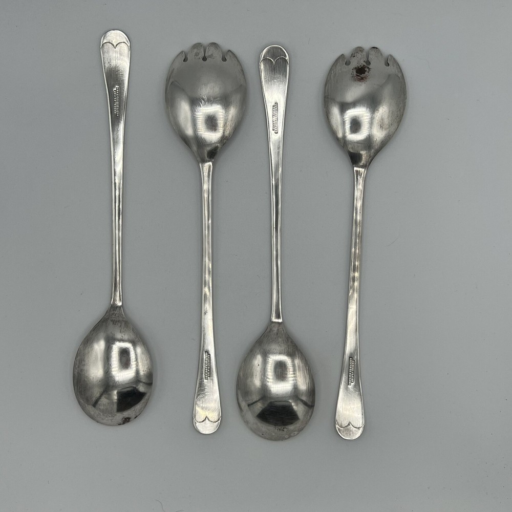 Sheffield England Silver Plated Salad Serving Spoon & Fork Shell 4Pc Set 9.5"