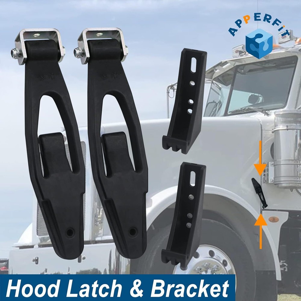 Hood Latch Strap with Catch Bracket Kit 2 Pack Compatible 2 SET, Black