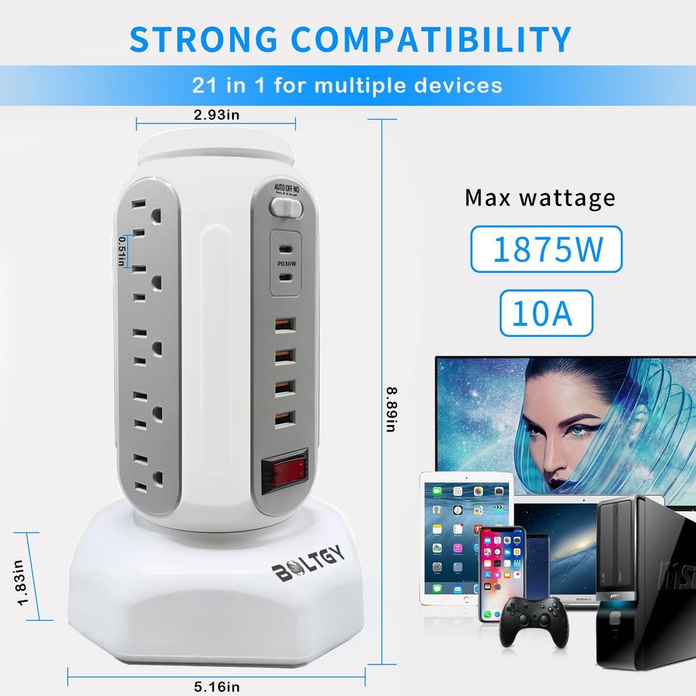 Power Strip Tower with Retractable Charging Cables, Surge Protector Tower wit...