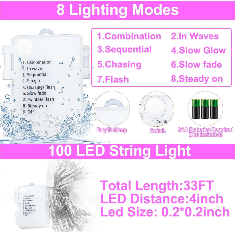 Battery Operated 100 LED Valentine's Day String Lights with Timer and 8 Modes