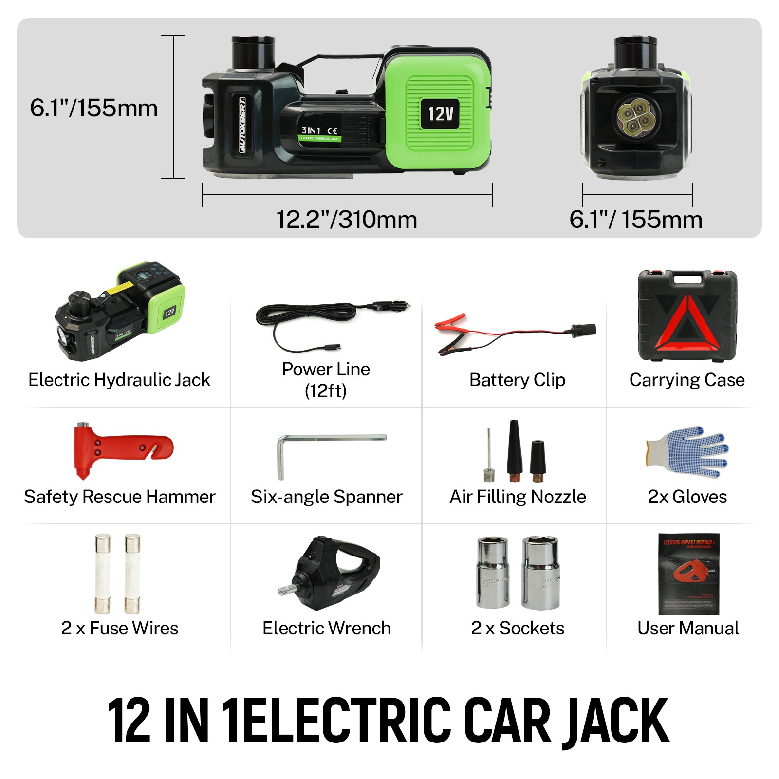 Electric Hydraulic Floor Jack 5 Ton 12V Impact Wrench Tire Inflator Pump Car Kit
