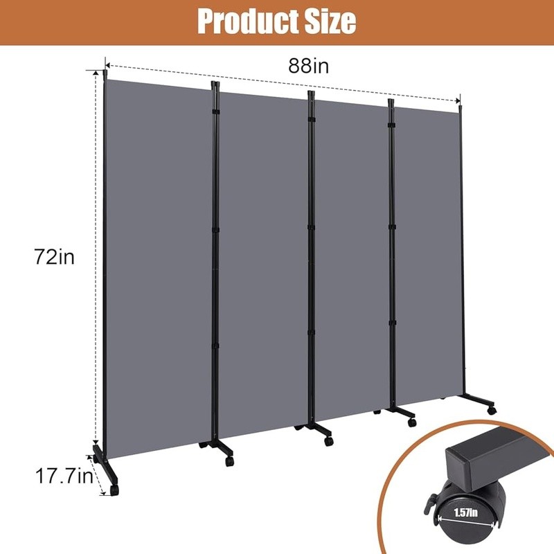 Portable 4 Panel Room Divider Self-locking Rollers Freestanding Privacy Screen