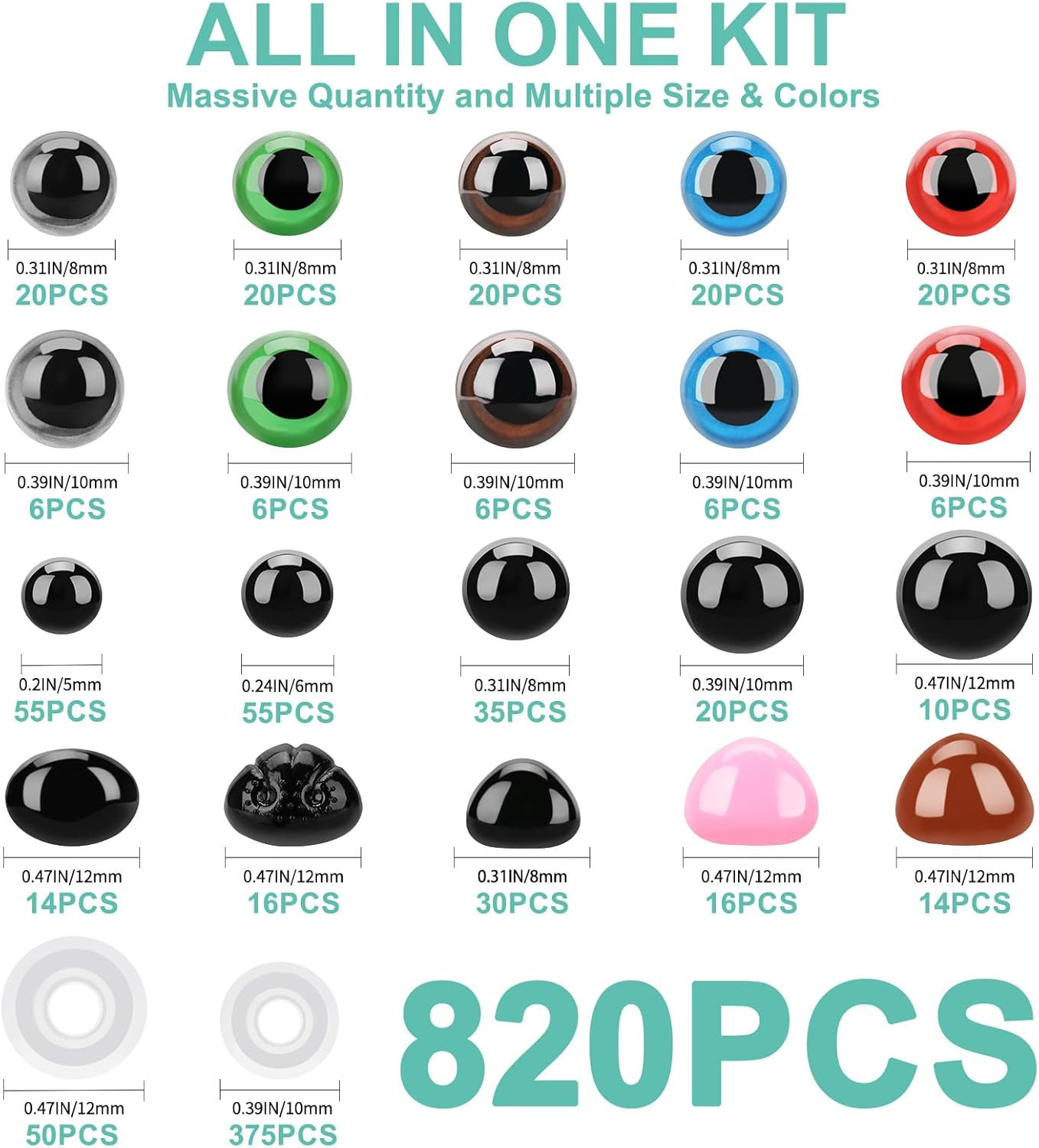 820 Plastic Safety Eyes For Crochet With Washers And Black Noses Animal Stuffed