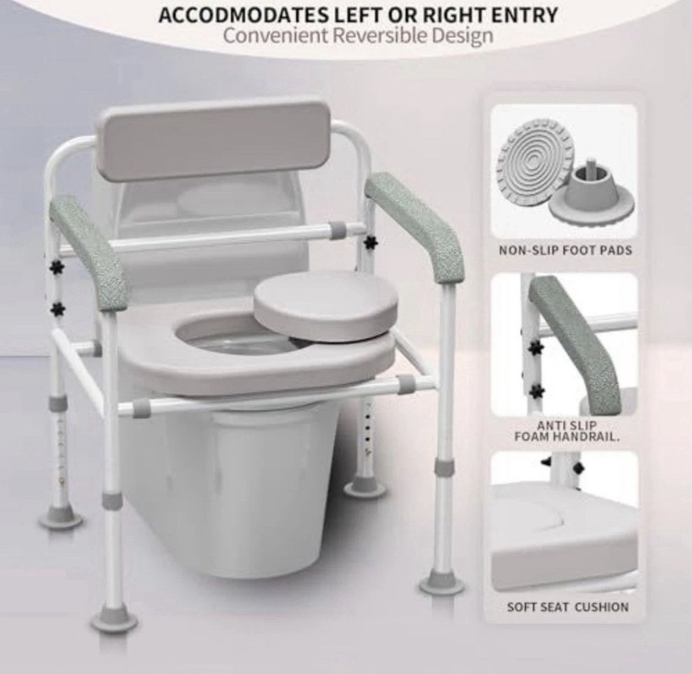 Adjustable Medical Bedside Commode Chair with Padded Backrest, Drop Arm Support