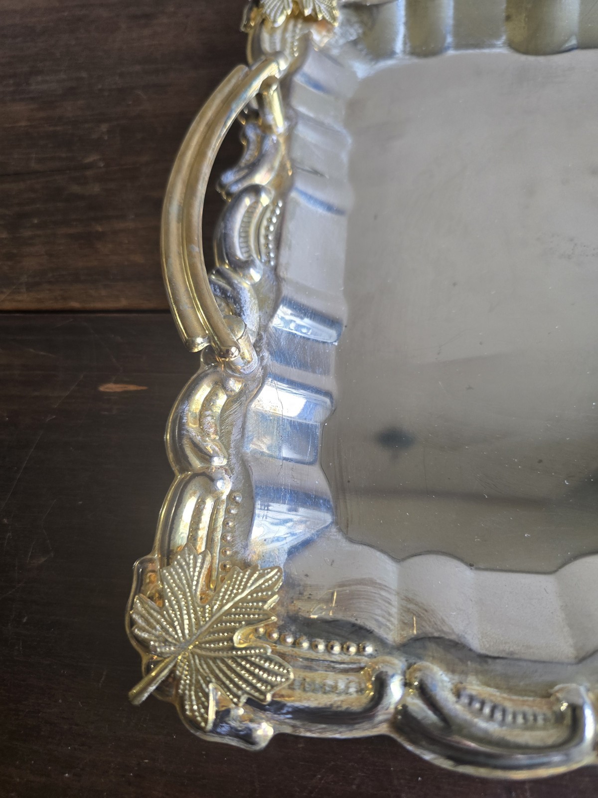 VTG Set Of 2 Dakco Silver Plated Retangle Baroque Trays W/Gold Handles & Leaves