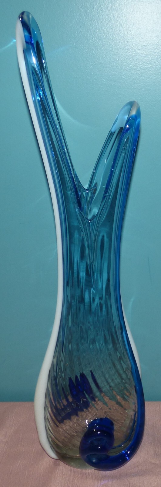 Large 26" MCM Swung Vase with Blue, White and Clear Glass