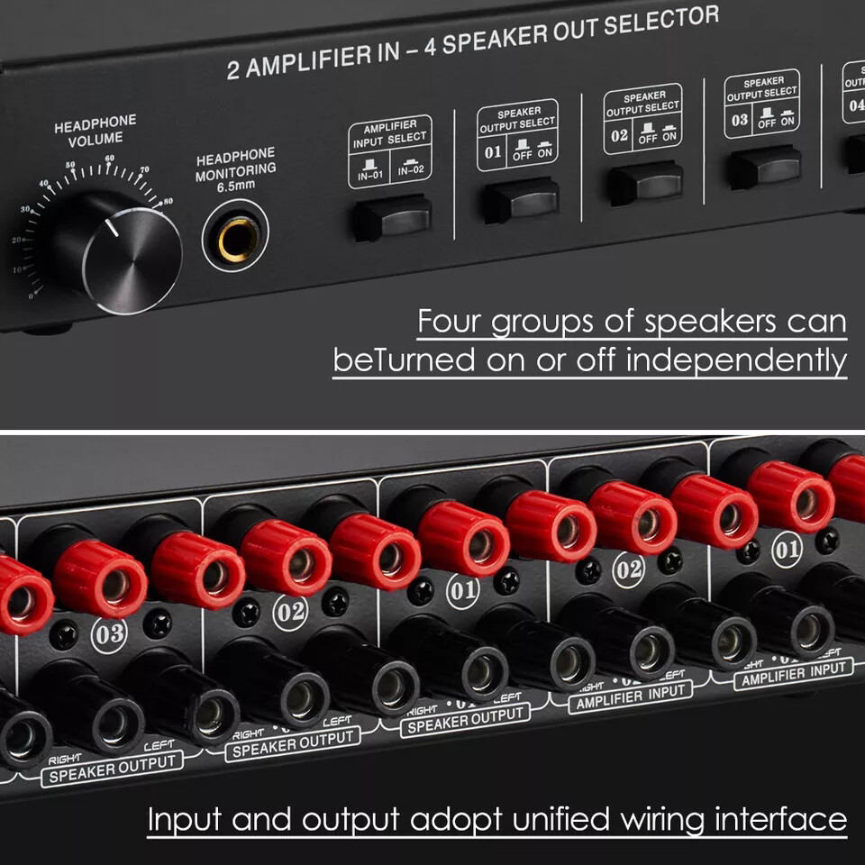 Amplifier Speaker Splitter Stereo Audio Switcher Box Selector 2IN-4OUT Passive