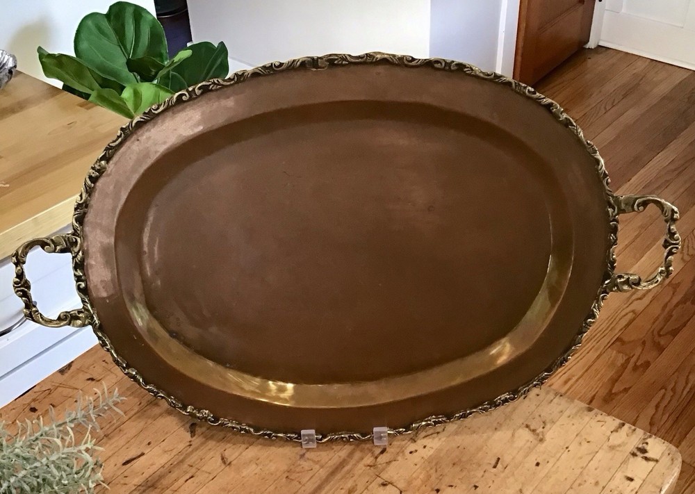 Antique Large Solid Copper Tray with Brass Handles  Fall Decorating