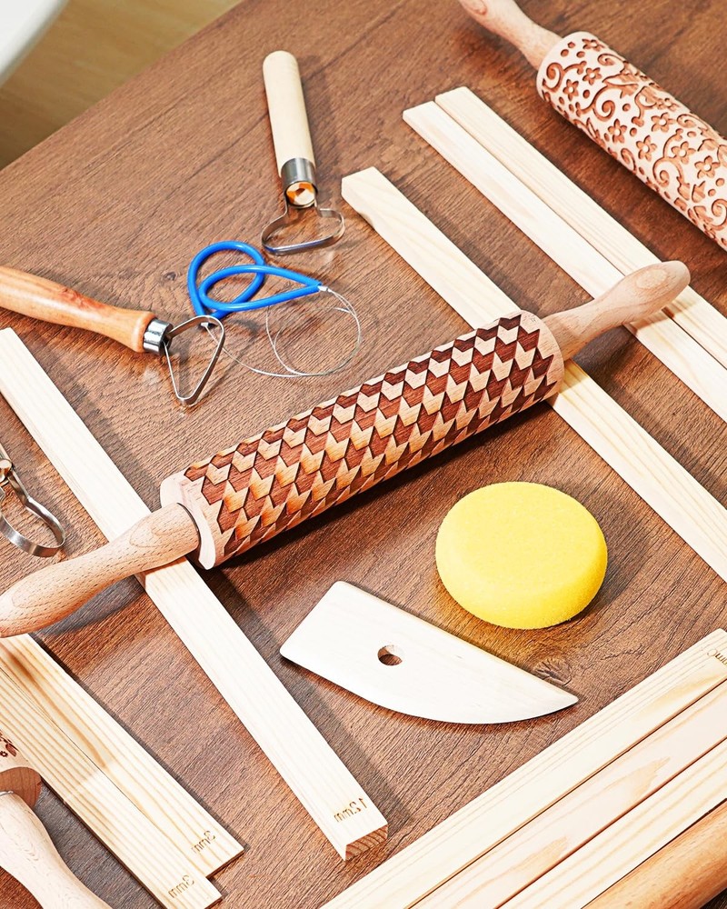Clay Modeling Pattern Rollers Kit, Wooden Polymer Clay Texture Roller for Pot...