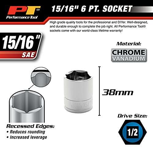 Performance Tool W32030 1/2 Drive 6-Point Socket, 15/16