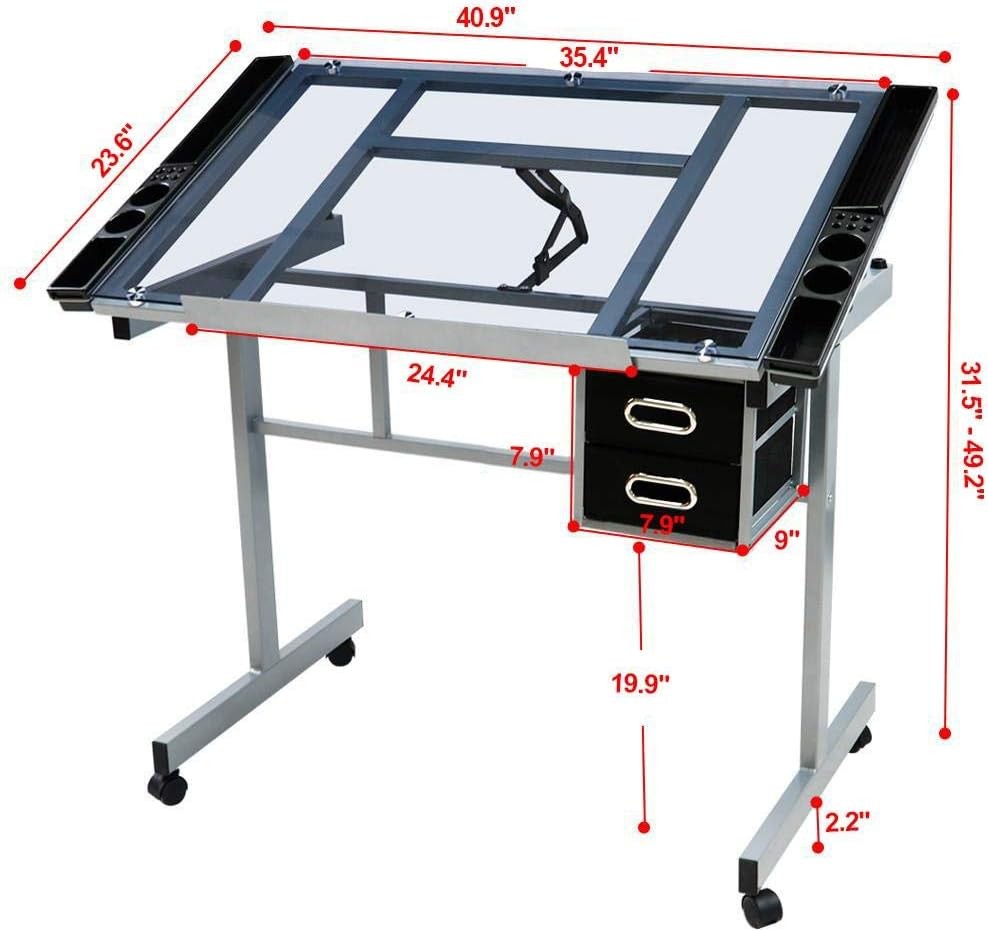 Drawing Desk Adjustable Glass Drafting Study Table Station w/ 2 Slide