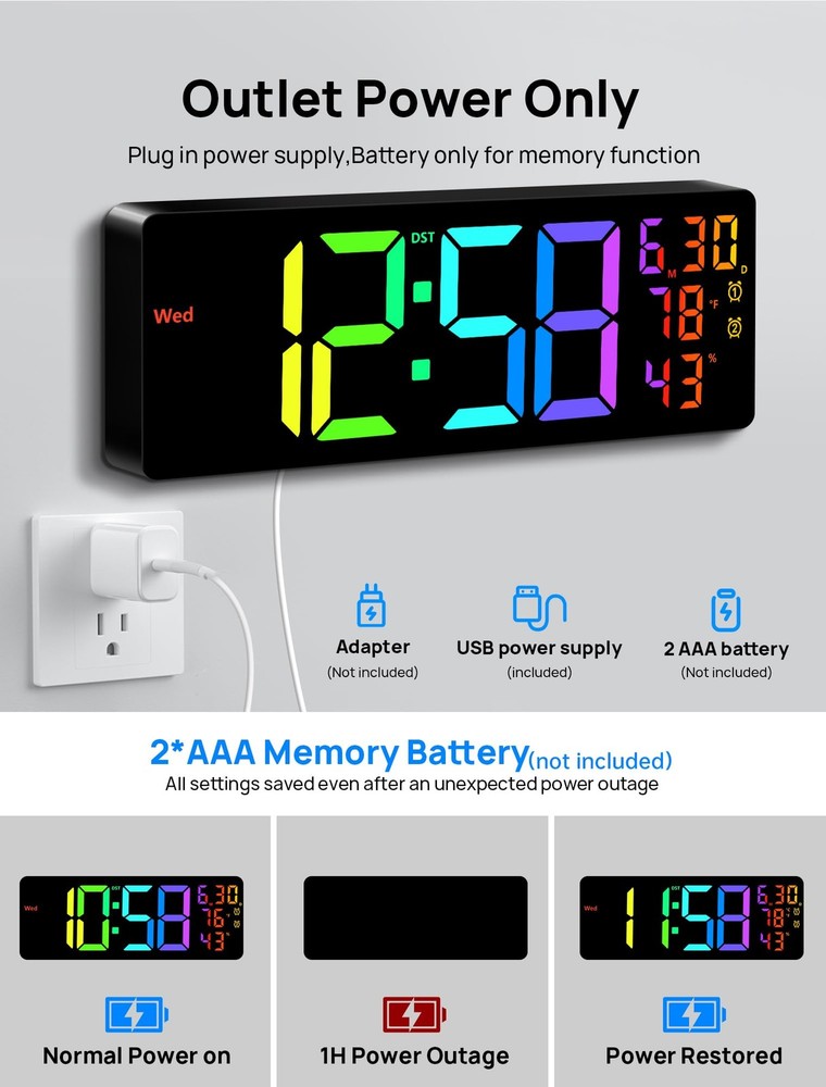 17.3" Large Digital Wall Mount Clock, Digital Clock with Remote Control, Alar...