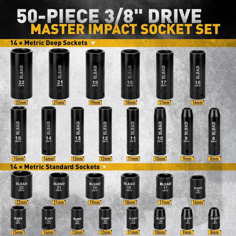 3/8'' Drive Impact Socket Set - 50-Piece Shallow & Deep Socket Set Metric
