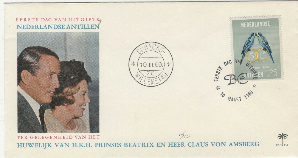 NETHERLANDS ANTILLES 1965 BUDGERIGARS WEDDING RINGS AND INITIALS