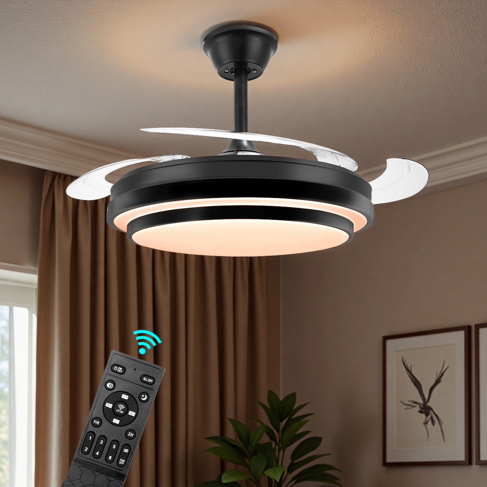 Retractable Ceiling Fan with Light, 42 Inch Fandelier, 6 Speed Reversible Motor