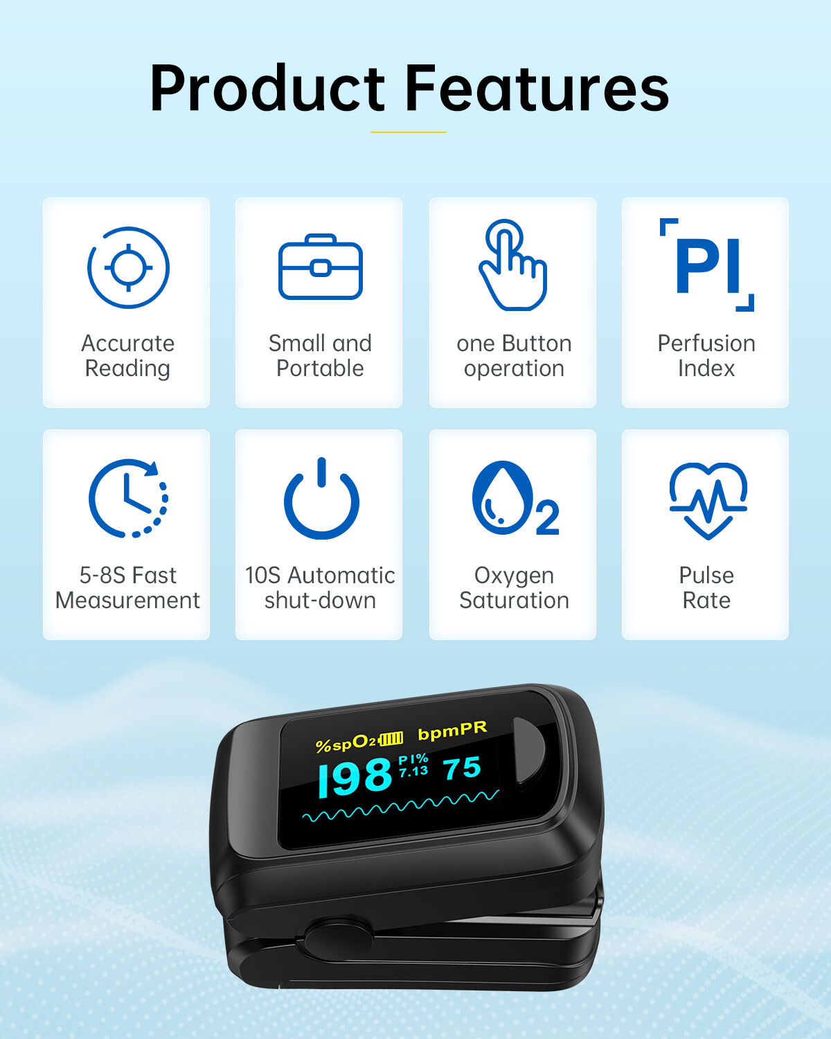 Fingertip Pulse Oximeter Finger Blood Oxygen Monitor Spo2 Reading Oxygen Meter