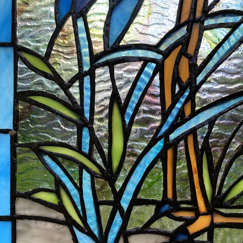 18" White & Blue Crane Stained Glass Window Panel