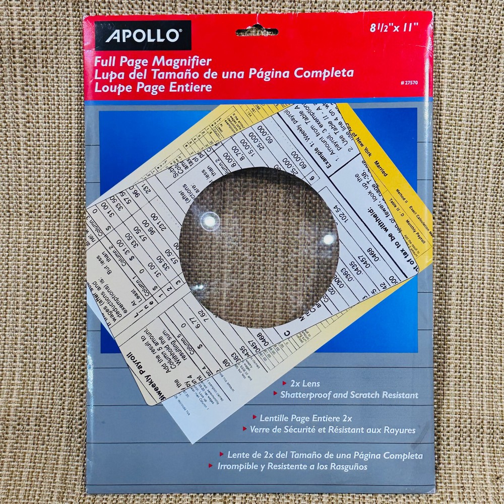 Apollo Full Page Magnifier  2X Optic Grade Lens Unbreakable Scratch Resistant