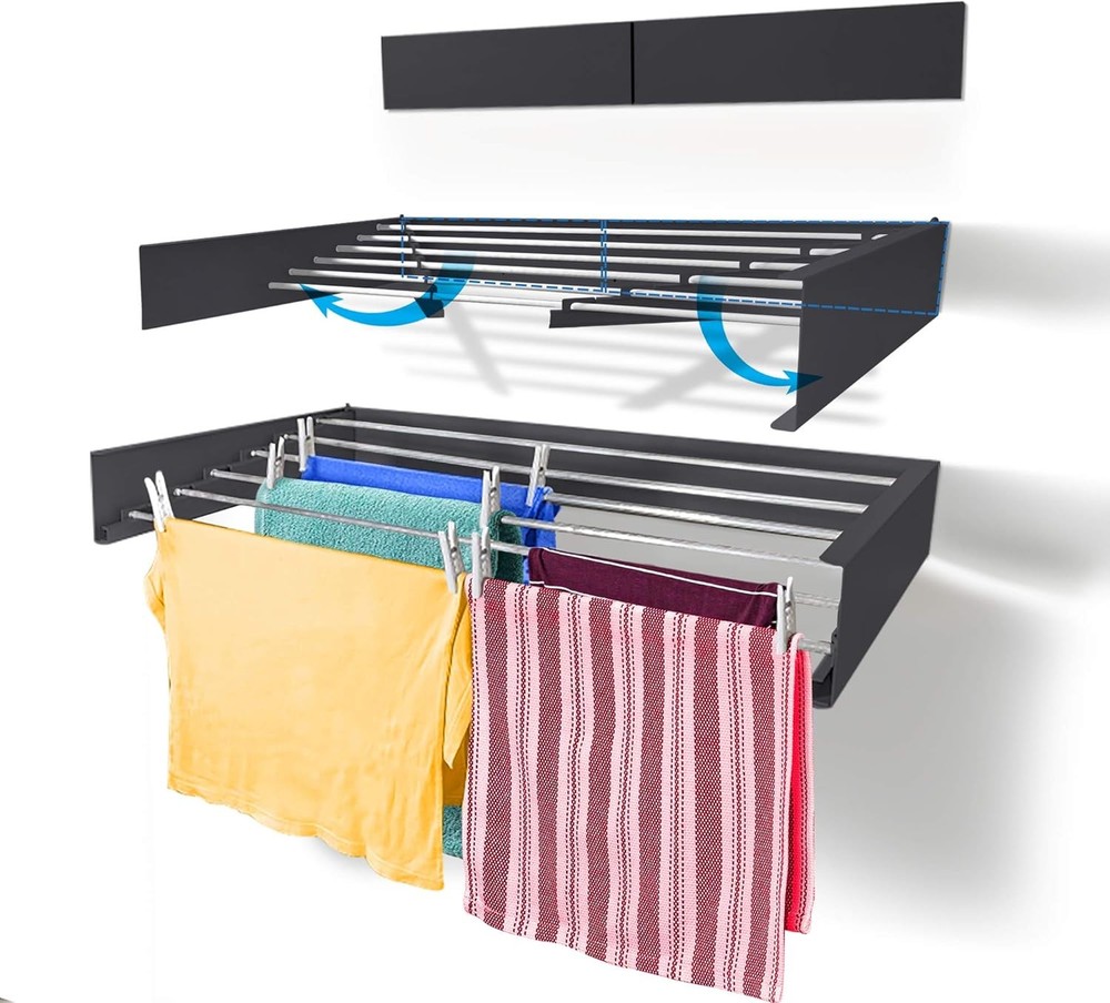 Laundry Drying Rack 40-INCH Industrial Gray Wall Mounted Retractable Clothes