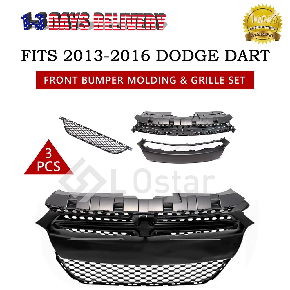 New 3PC Front Bumper Molding & Upper & Lower Grille Set For 2013-2016 Dodge Dart