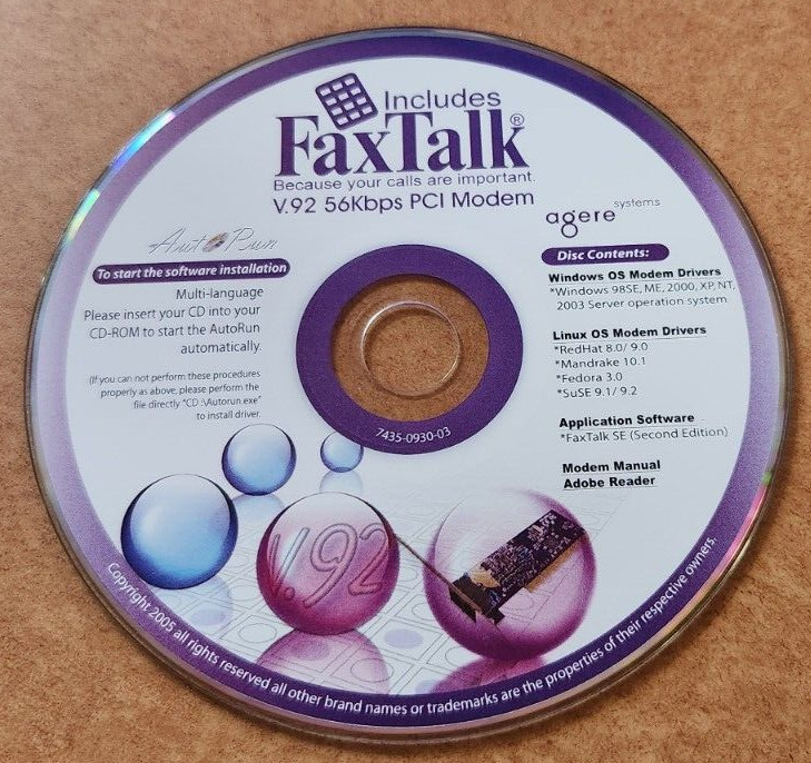 FaxTalk V.92 56Kbps PCI Modem CD-ROM Software Drivers 2005 Windows/Linux