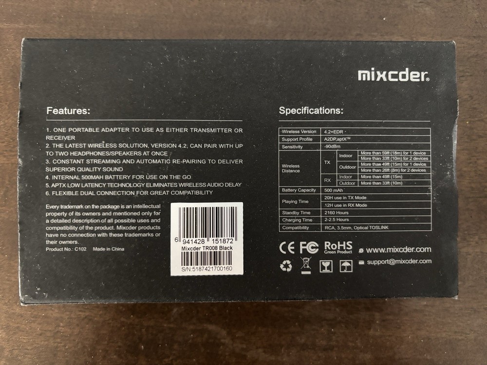 Mixcdr TR008 Bluetooth 4.2 Transmitter Receiver 2-in-1 aptX Low Latency(Open box