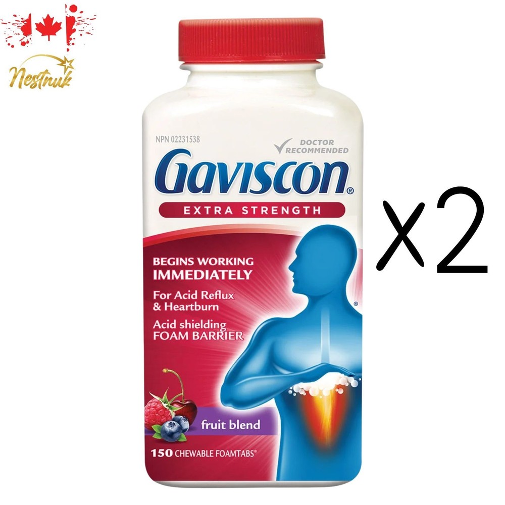 2 x Gaviscon Extra Strength 150 Chewable Tablets | Fruit Flavour | Canada Import