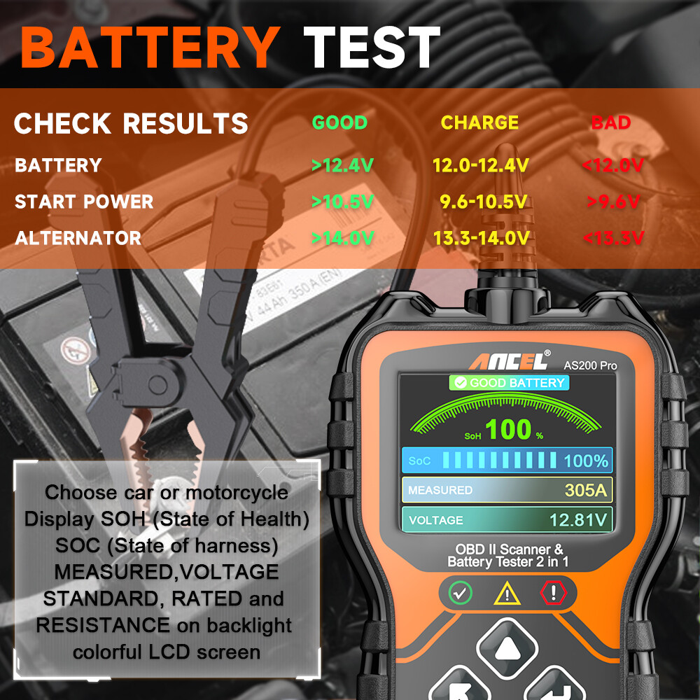 ANCEL AS200 Pro OBD2 Scanner Check Engine Code Reader Scan Tool 24V Battery Test