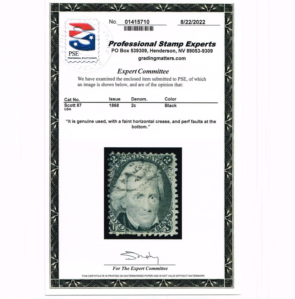 AFFORDABLE GENUINE SCOTT #87 USED 1868 PSE CERT WELL-DEFINED E-GRILL TARGET CXL