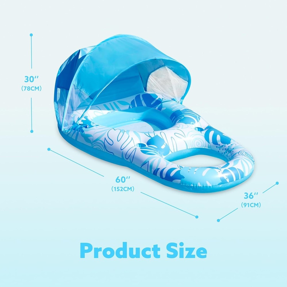 Inflatable Pool Float Lounger with Canopy Blue 60"x36" Cup Holders