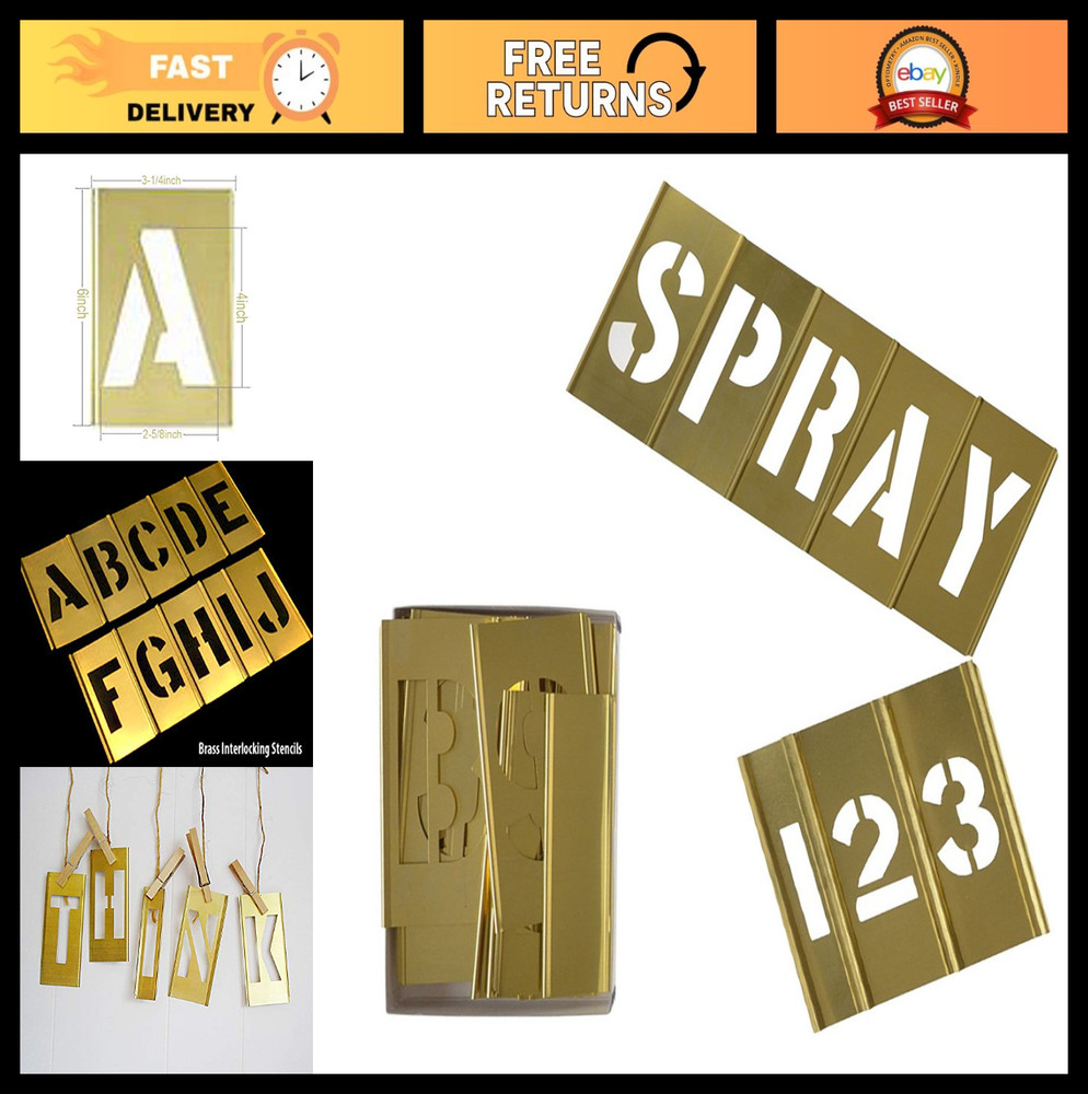 4" Brass Interlocking Stencil Set - 46 Piece Numbers & Letters Kit for Crafting