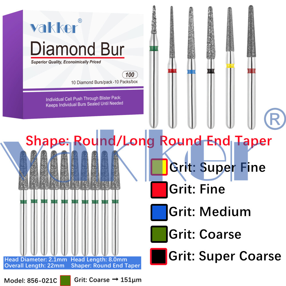 10pc/pk Vakker Dental FG Diamond Burs Round Long/ Round End Taper for High Speed