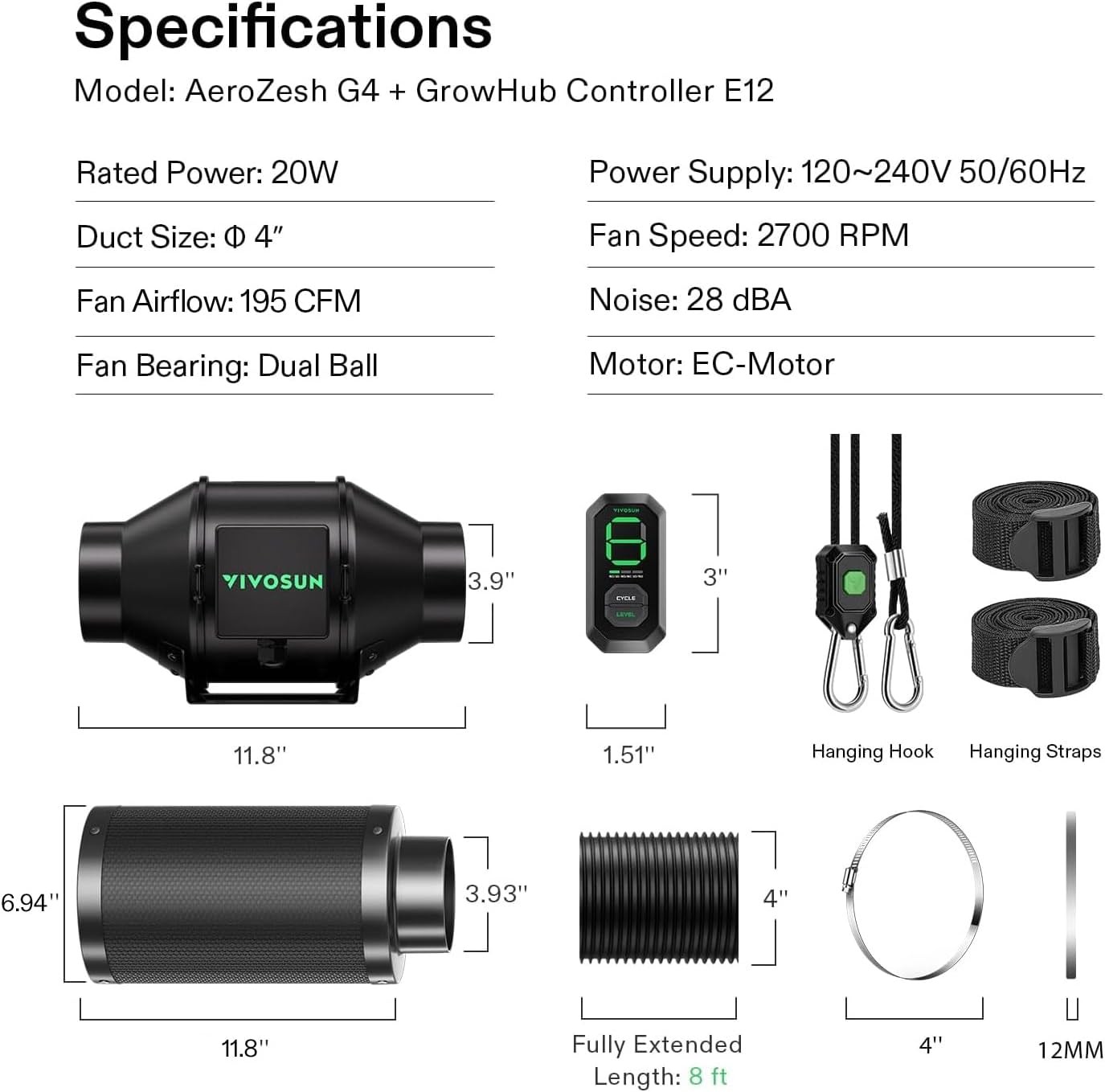 VIVOSUN 4/6/8 Air Filtration Kit Inline Fan w/ Smart Controller Filter & Ducting