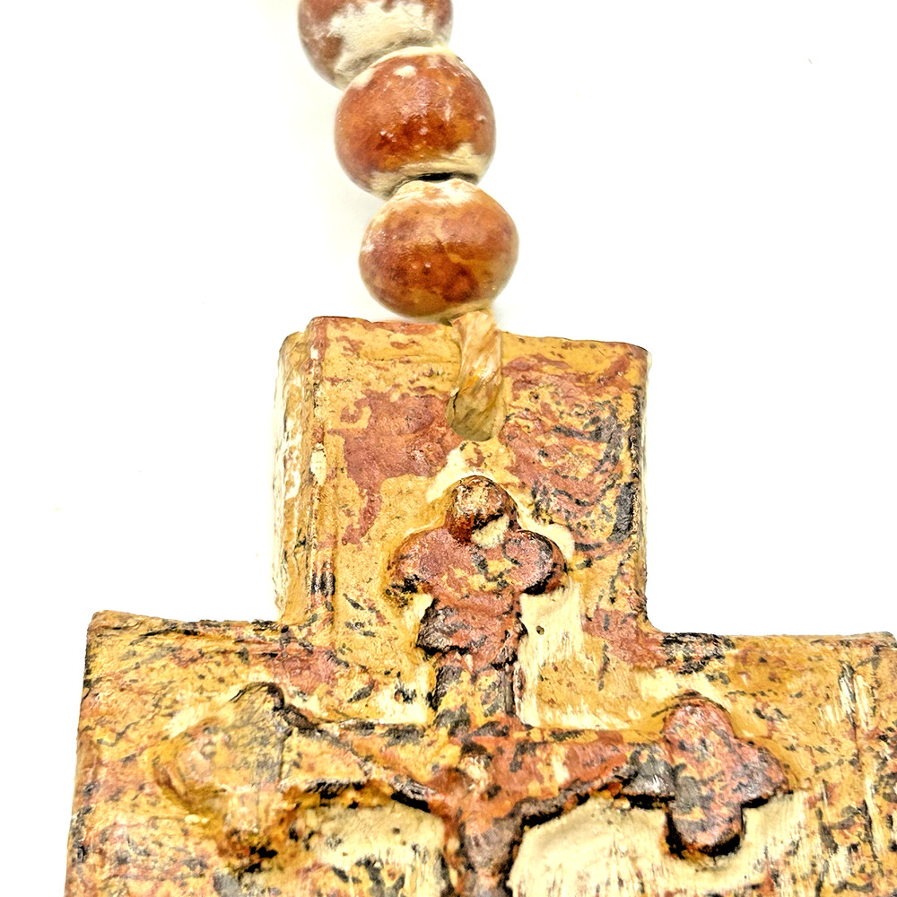 Large Rosary Beads Pottery Clay Distressed Cross Decor 20” New