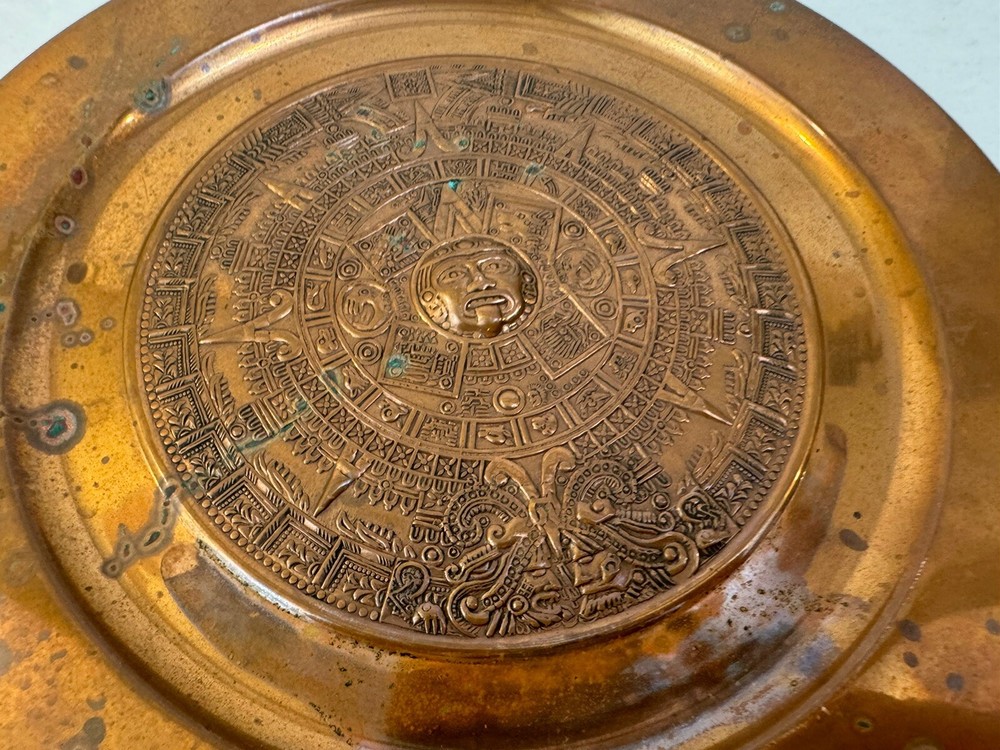 Vintage Solid Copper Embossed Mayan Aztec Inspired Round Wall Hang Plate 11"