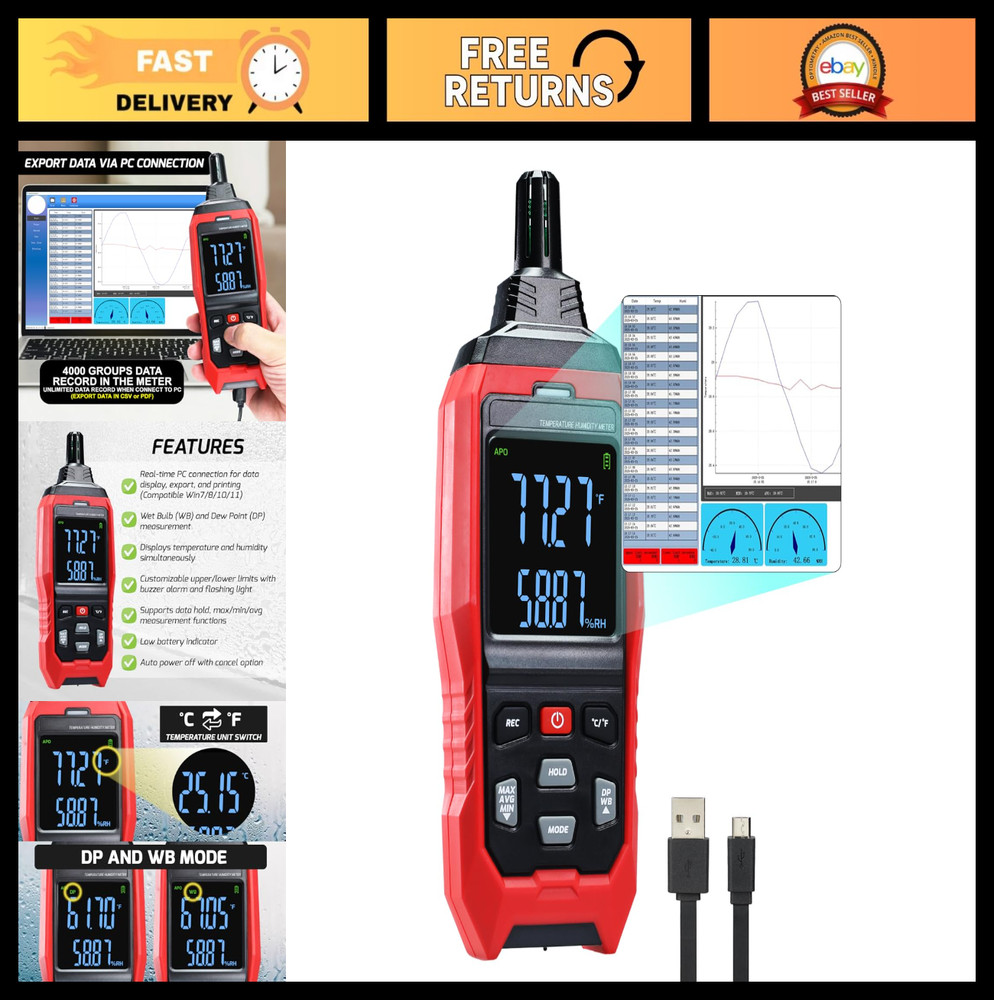 Digital Humidity & Temperature Meter Data Logger, LCD Psychrometer, Dew Point Al