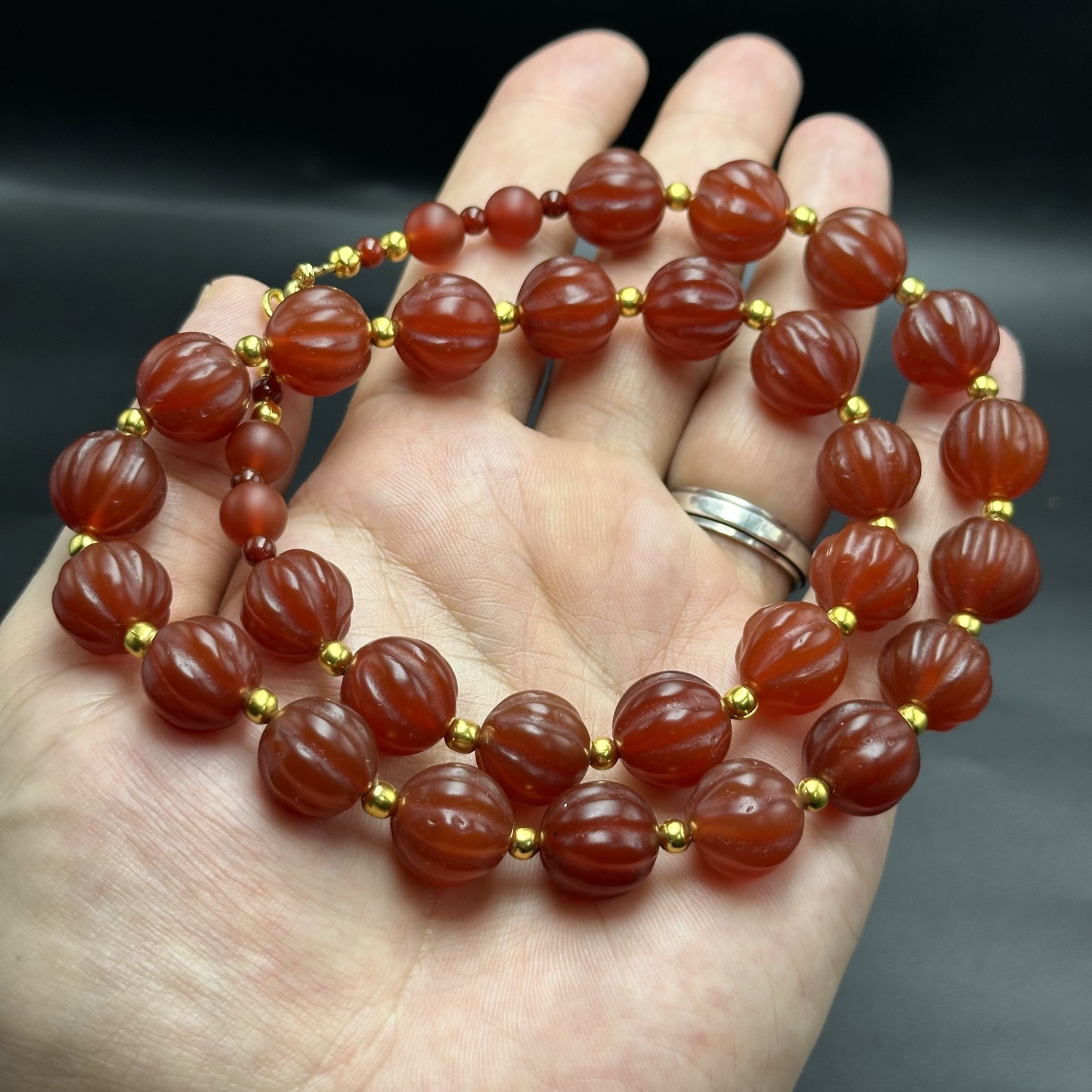 Vintage Himalayan Tibetan Carnelian Carved Agate Melon Shape Beads Necklace
