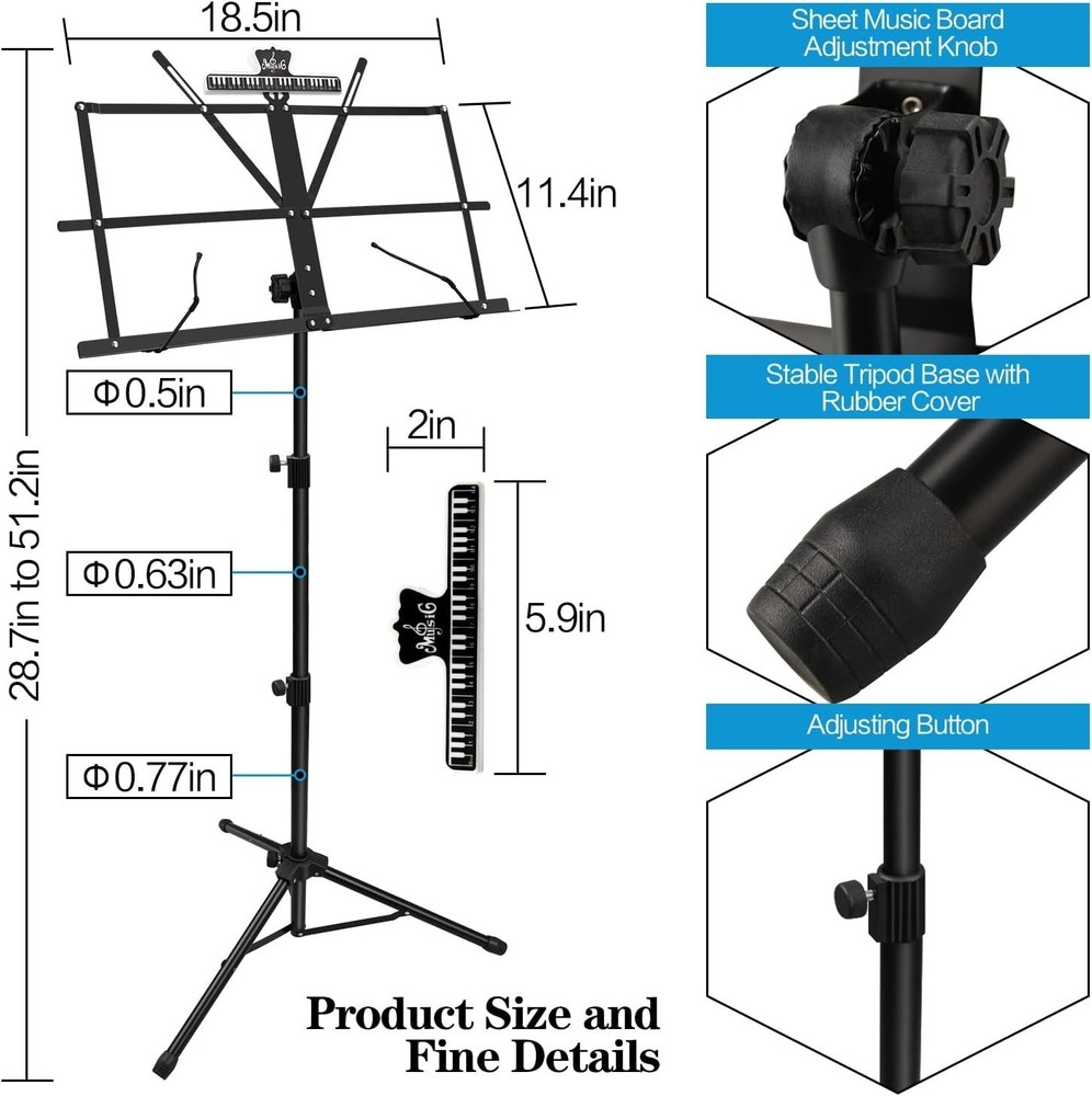 Versatile Music Stand - Adjustable Height & Foldable Design for Easy Transport