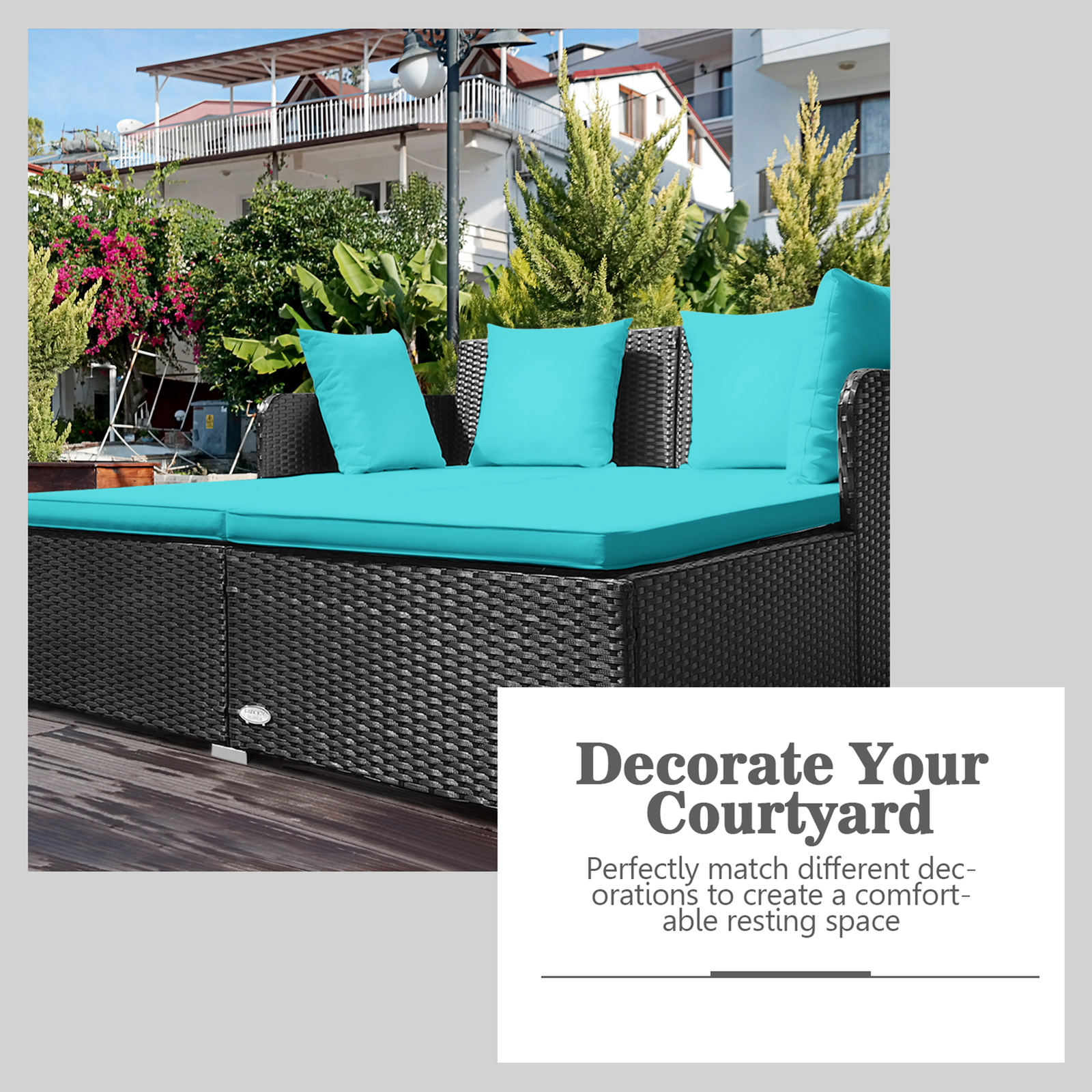 Rattan Patio Daybed Loveseat Sofa Yard Outdoor w/ Turquoise Cushions Pillows