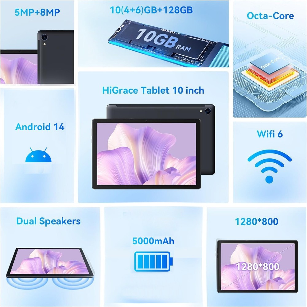 10.1" Android Tablet 24+128GB IPS LCD Touchscreen Octa-core Processor Wi-Fi