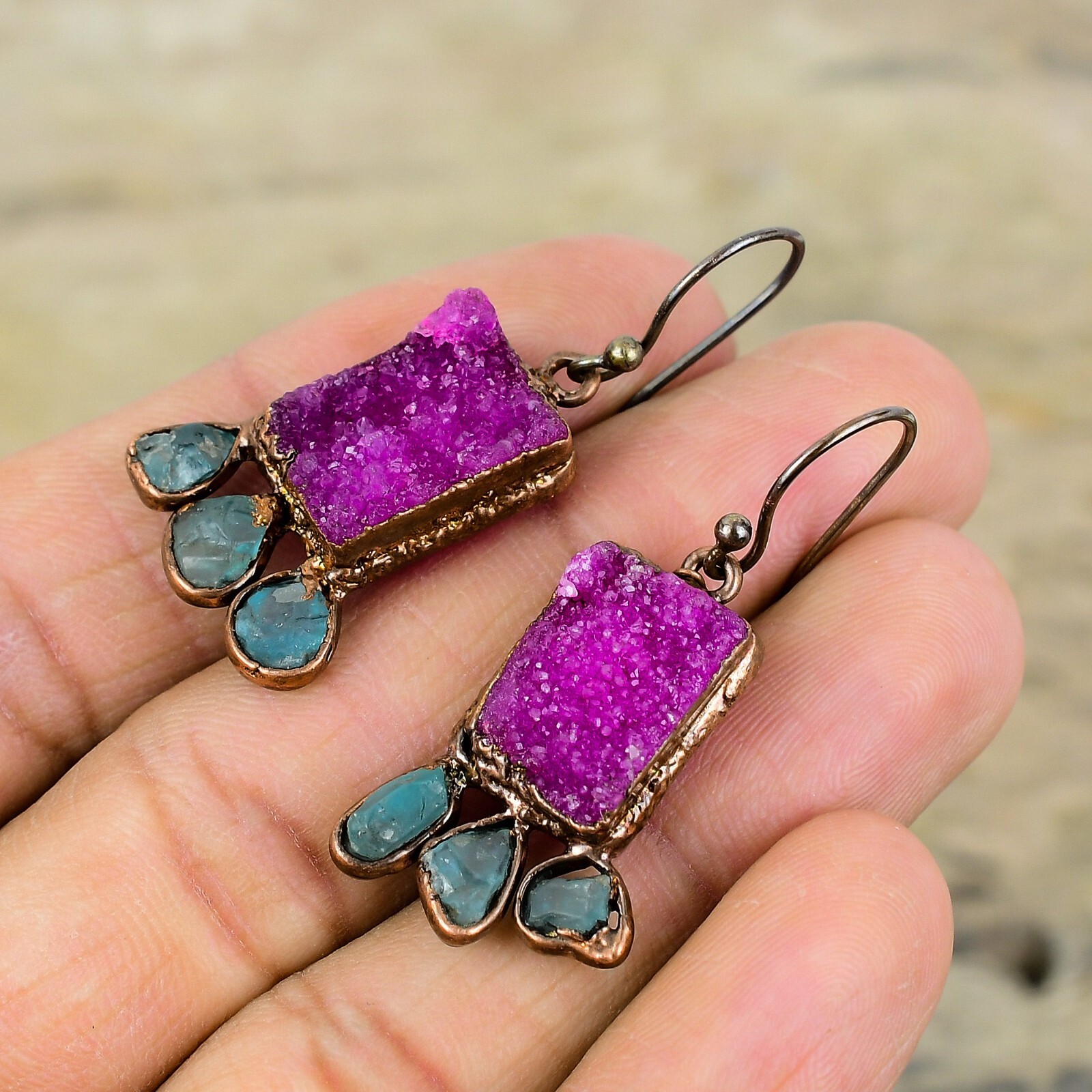 Pink Druzy Jewelry Copper Mom Gift Electroformed Drop/Dangle Earrings 1.77"