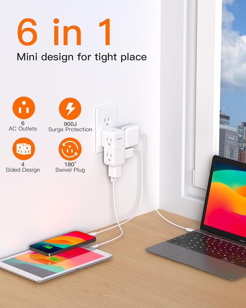 Surge Protector Outlet Extender- with Rotating Plug,6 AC Multi Plug White