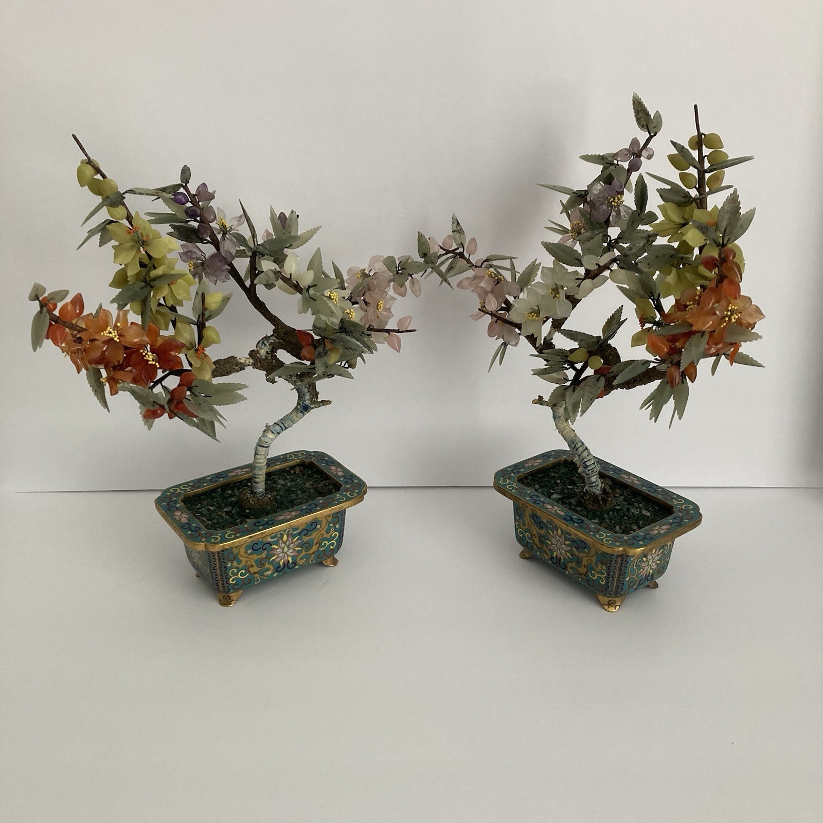 Pair Antique Chinese Jade Bonsai Tree in Cloisonne Pot w Amethyst Carnelian VTG